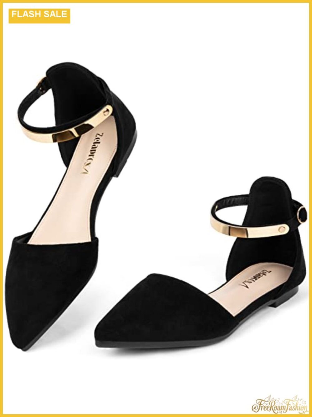 Women's Black Pointed Toe Flats Dressy Shoe Fancy Gold Ankle Strap